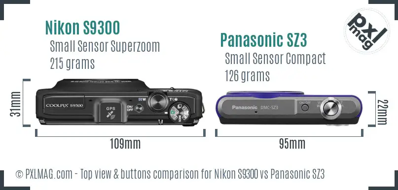 Nikon S9300 vs Panasonic SZ3 top view buttons comparison