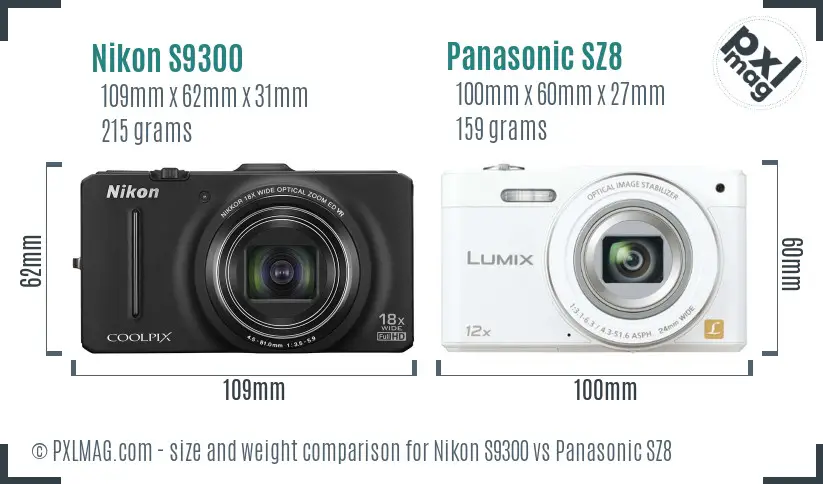 Nikon S9300 vs Panasonic SZ8 size comparison