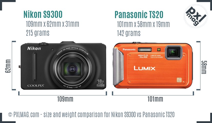 Nikon S9300 vs Panasonic TS20 size comparison