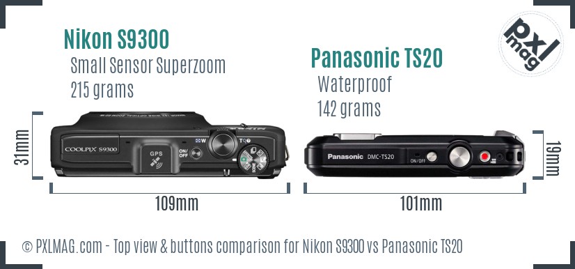 Nikon S9300 vs Panasonic TS20 top view buttons comparison