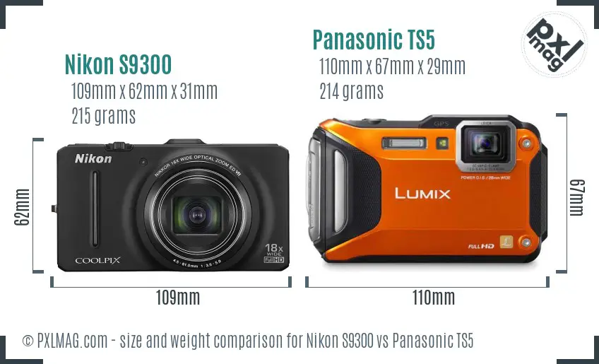 Nikon S9300 vs Panasonic TS5 size comparison