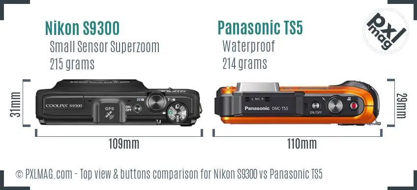 Nikon S9300 vs Panasonic TS5 top view buttons comparison