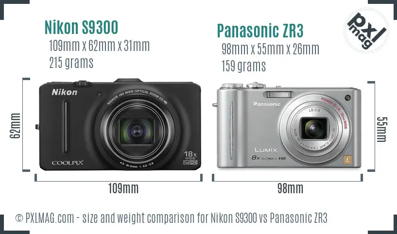 Nikon S9300 vs Panasonic ZR3 size comparison