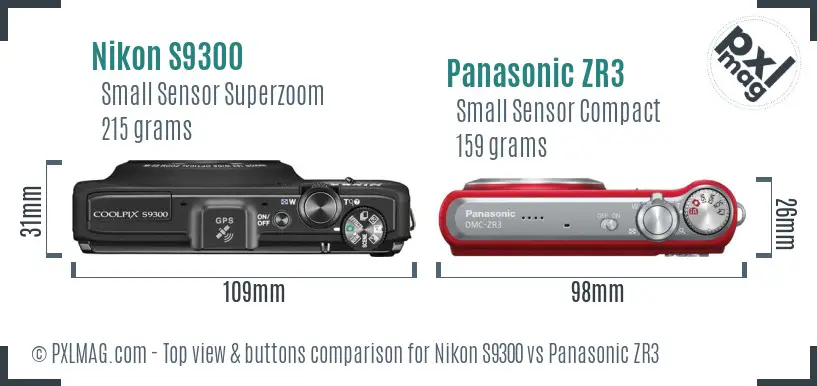 Nikon S9300 vs Panasonic ZR3 top view buttons comparison