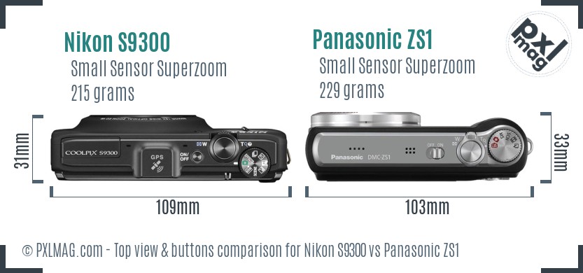 Nikon S9300 vs Panasonic ZS1 top view buttons comparison
