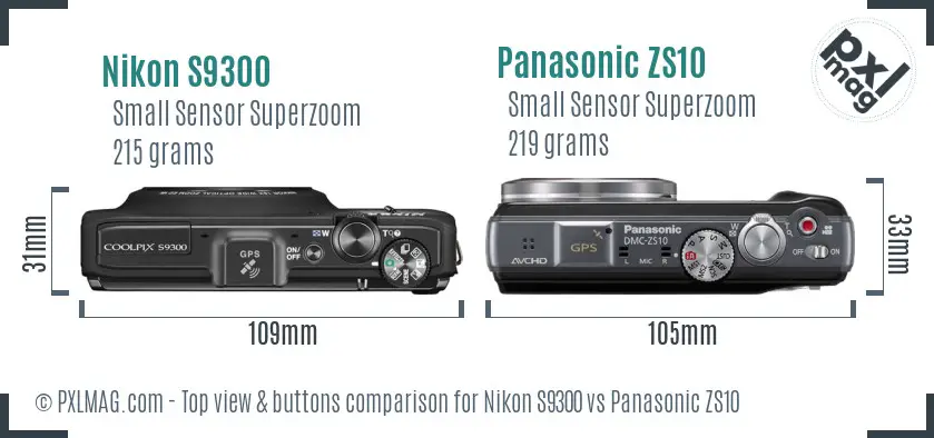 Nikon S9300 vs Panasonic ZS10 top view buttons comparison Nikon S9300 vs Panasonic ZS10 top view buttons comparison