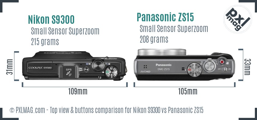 Nikon S9300 vs Panasonic ZS15 top view buttons comparison