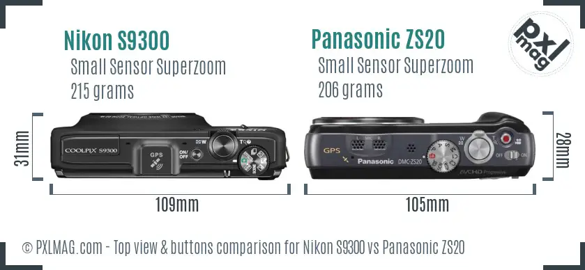 Nikon S9300 vs Panasonic ZS20 top view buttons comparison