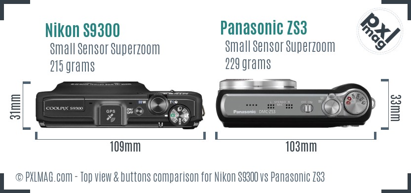Nikon S9300 vs Panasonic ZS3 top view buttons comparison