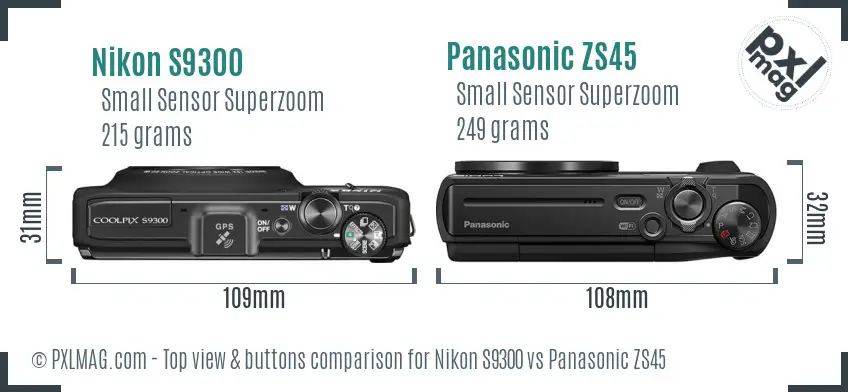 Nikon S9300 vs Panasonic ZS45 top view buttons comparison