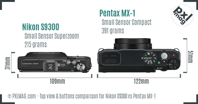 Nikon S9300 vs Pentax MX-1 top view buttons comparison