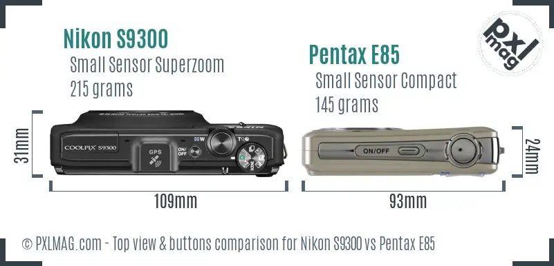 Nikon S9300 vs Pentax E85 top view buttons comparison