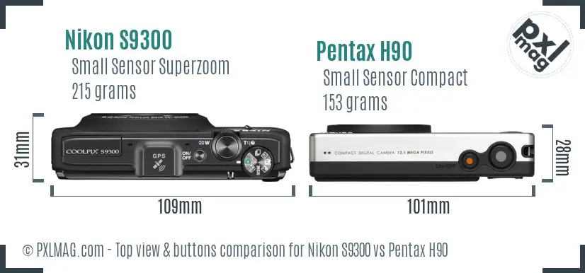 Nikon S9300 vs Pentax H90 top view buttons comparison