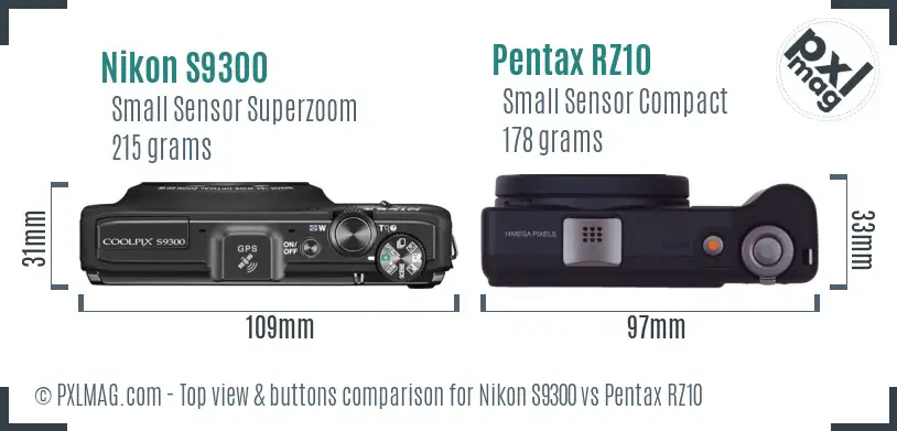 Nikon S9300 vs Pentax RZ10 top view buttons comparison