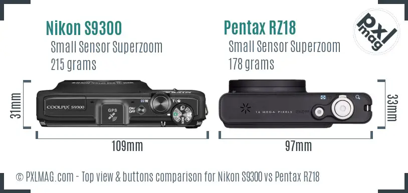 Nikon S9300 vs Pentax RZ18 top view buttons comparison