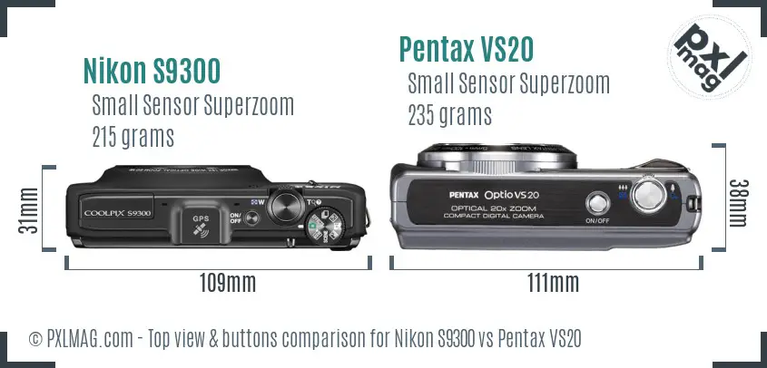 Nikon S9300 vs Pentax VS20 top view buttons comparison