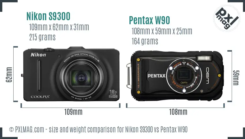 Nikon S9300 vs Pentax W90 size comparison