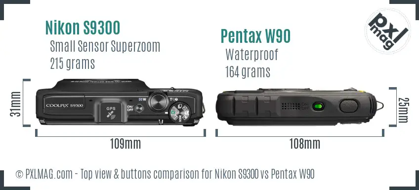 Nikon S9300 vs Pentax W90 top view buttons comparison