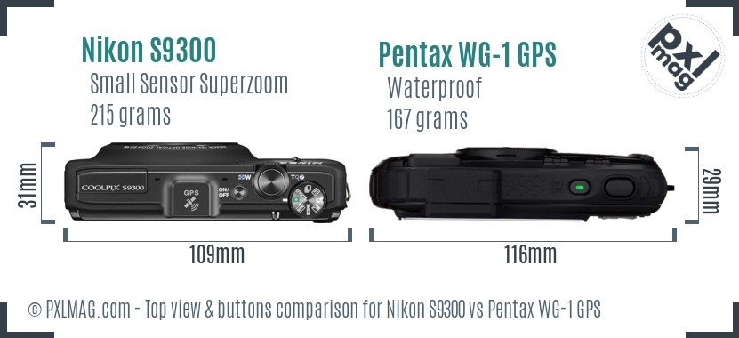 Nikon S9300 vs Pentax WG-1 GPS top view buttons comparison