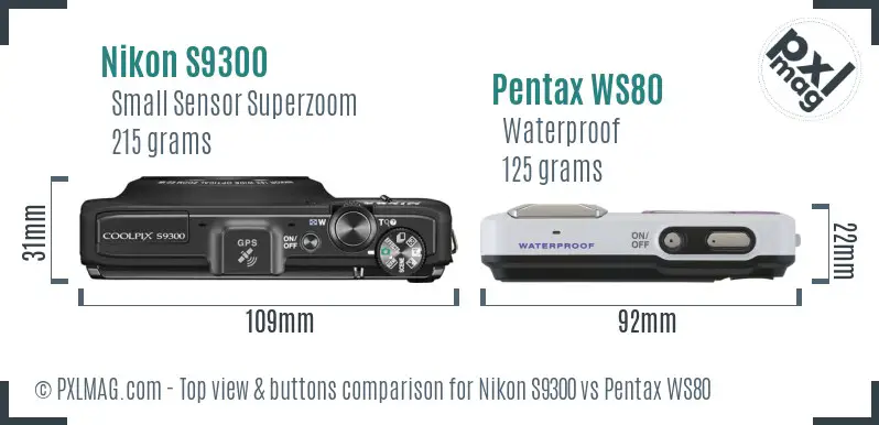 Nikon S9300 vs Pentax WS80 top view buttons comparison Nikon S9300 vs Pentax WS80 top view buttons comparison