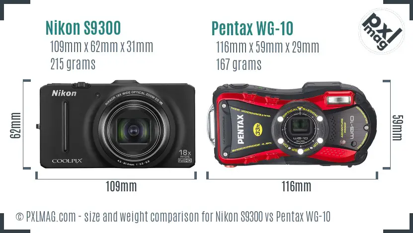 Nikon S9300 vs Pentax WG-10 size comparison