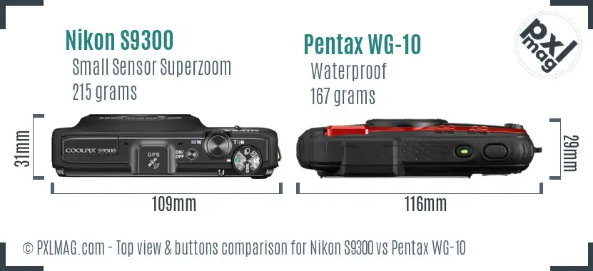 Nikon S9300 vs Pentax WG-10 top view buttons comparison