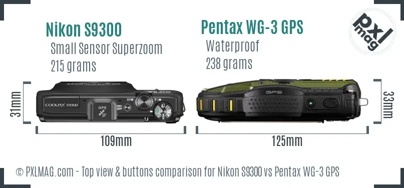 Nikon S9300 vs Pentax WG-3 GPS top view buttons comparison Nikon S9300 vs Pentax WG-3 GPS top view buttons comparison