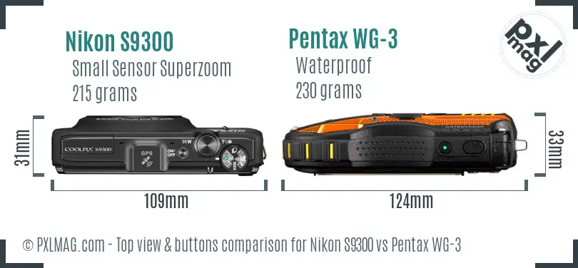 Nikon S9300 vs Pentax WG-3 top view buttons comparison