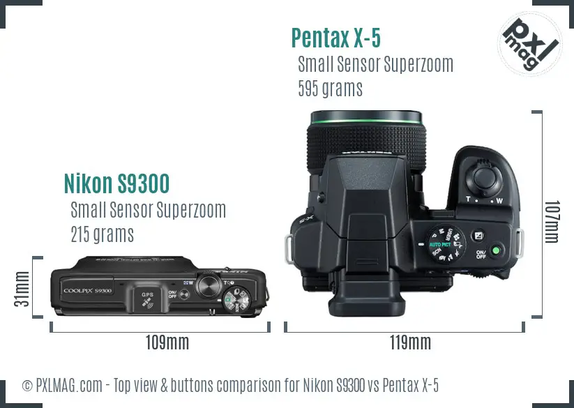 Nikon S9300 vs Pentax X-5 top view buttons comparison