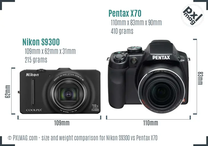 Nikon S9300 vs Pentax X70 size comparison