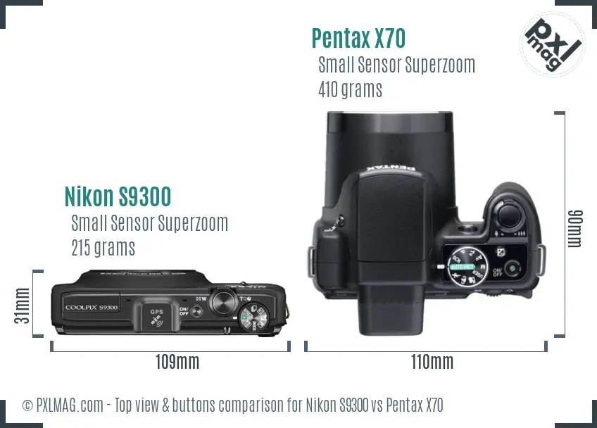 Nikon S9300 vs Pentax X70 top view buttons comparison