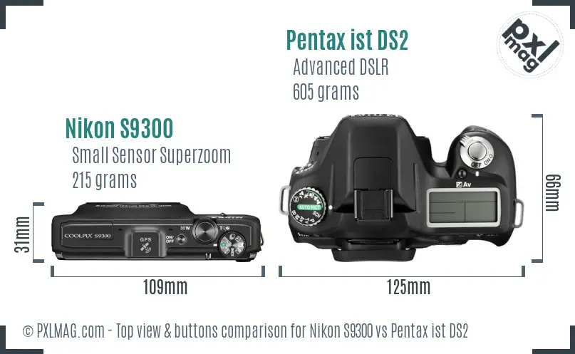 Nikon S9300 vs Pentax ist DS2 top view buttons comparison