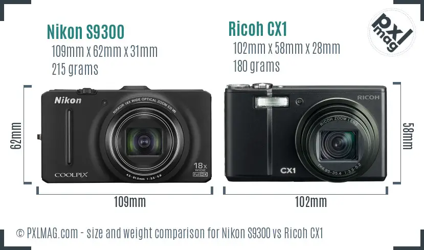 Nikon S9300 vs Ricoh CX1 size comparison