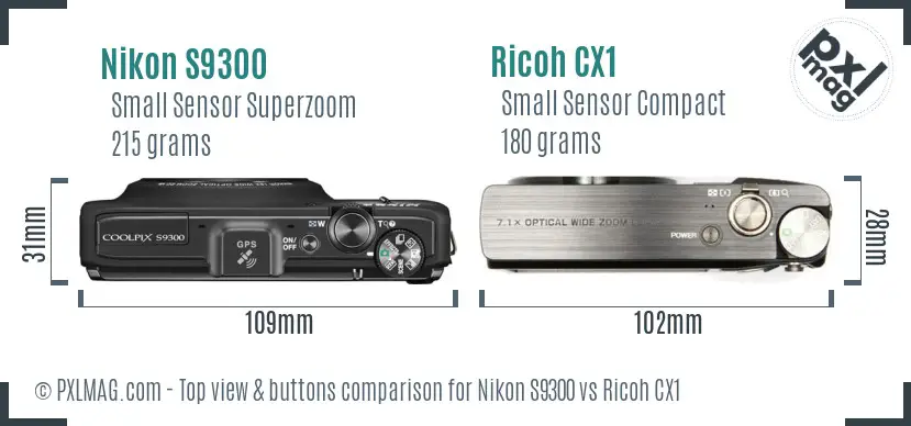 Nikon S9300 vs Ricoh CX1 top view buttons comparison