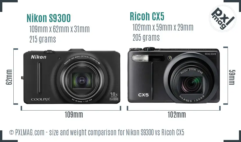 Nikon S9300 vs Ricoh CX5 size comparison