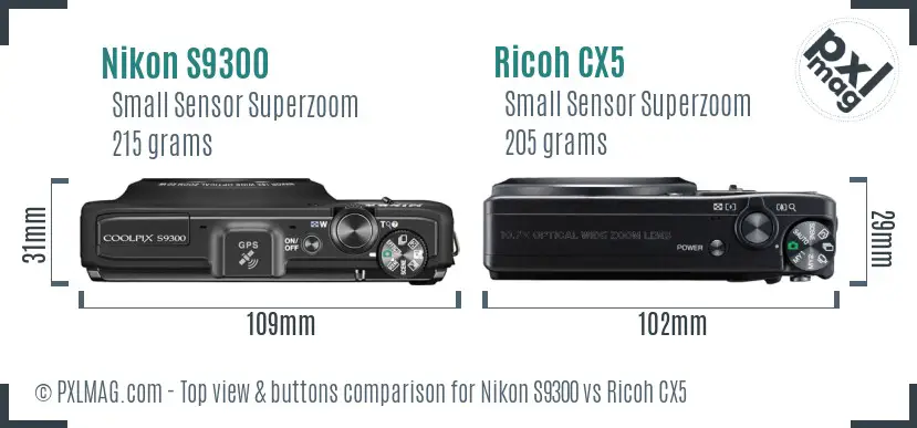 Nikon S9300 vs Ricoh CX5 top view buttons comparison