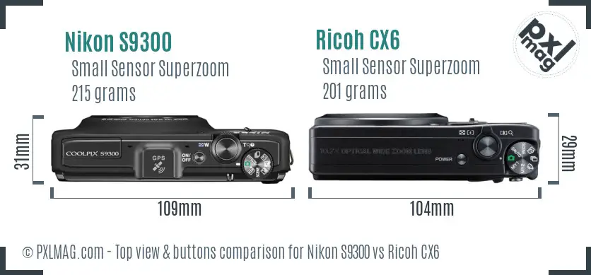 Nikon S9300 vs Ricoh CX6 top view buttons comparison Nikon S9300 vs Ricoh CX6 top view buttons comparison