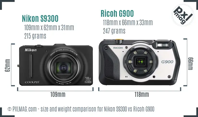 Nikon S9300 vs Ricoh G900 size comparison