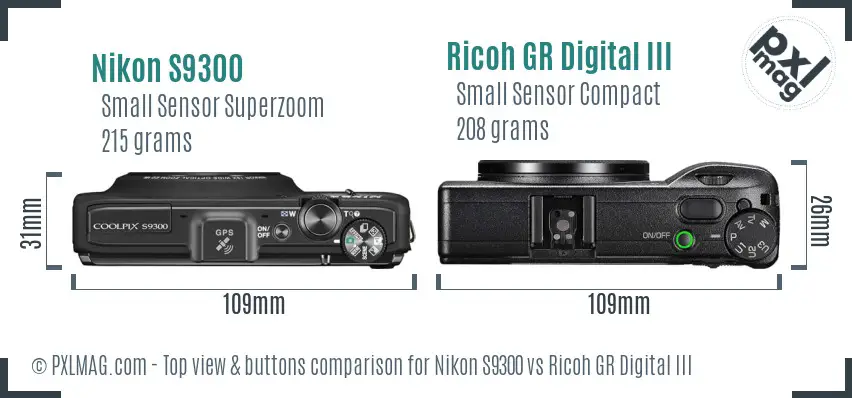 Nikon S9300 vs Ricoh GR Digital III top view buttons comparison
