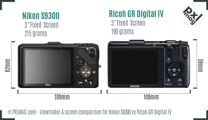 Nikon S9300 vs Ricoh GR Digital IV Screen and Viewfinder comparison