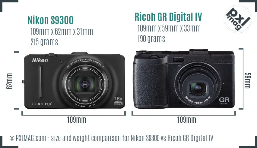 Nikon S9300 vs Ricoh GR Digital IV size comparison