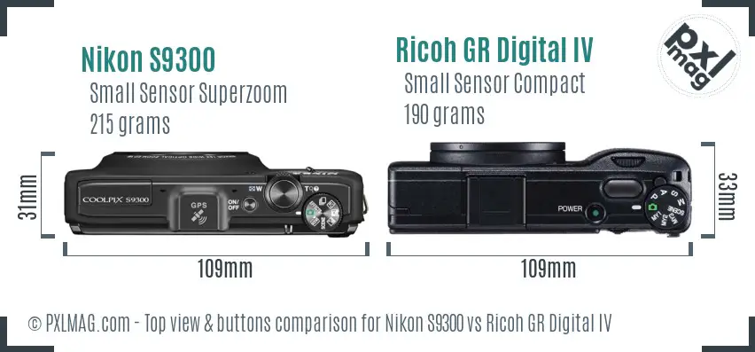 Nikon S9300 vs Ricoh GR Digital IV top view buttons comparison