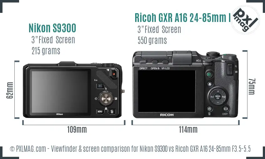 Nikon S9300 vs Ricoh GXR A16 24-85mm F3.5-5.5 Screen and Viewfinder comparison