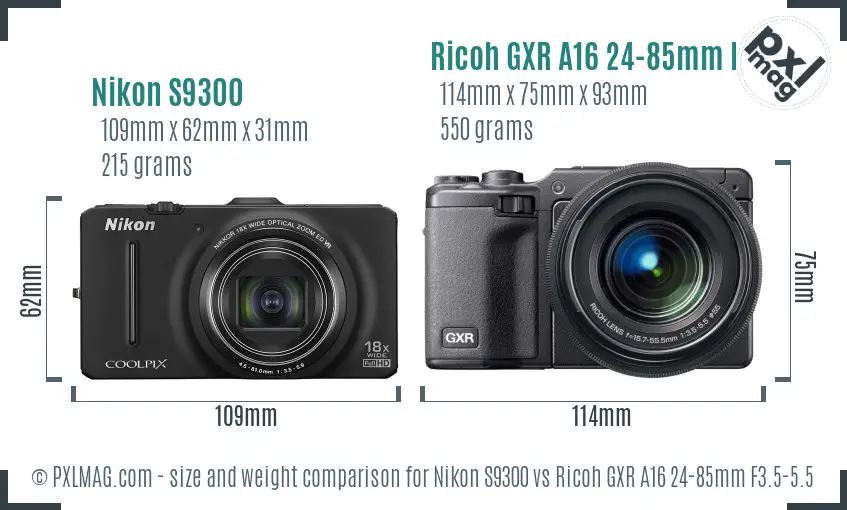 Nikon S9300 vs Ricoh GXR A16 24-85mm F3.5-5.5 size comparison