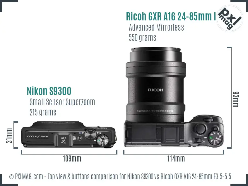 Nikon S9300 vs Ricoh GXR A16 24-85mm F3.5-5.5 top view buttons comparison