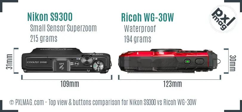 Nikon S9300 vs Ricoh WG-30W top view buttons comparison