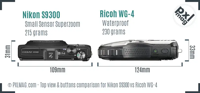 Nikon S9300 vs Ricoh WG-4 top view buttons comparison
