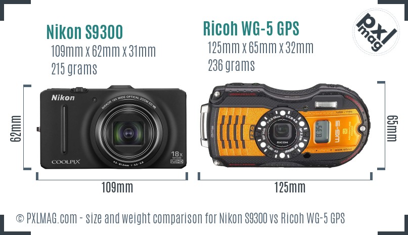 Nikon S9300 vs Ricoh WG-5 GPS size comparison