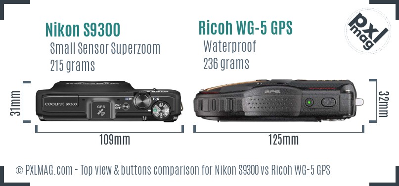 Nikon S9300 vs Ricoh WG-5 GPS top view buttons comparison