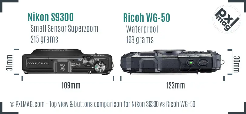 Nikon S9300 vs Ricoh WG-50 top view buttons comparison Nikon S9300 vs Ricoh WG-50 top view buttons comparison